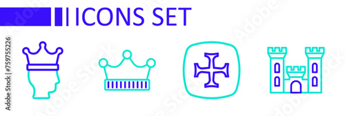 Set line Castle, Crusade, King crown and icon. Vector