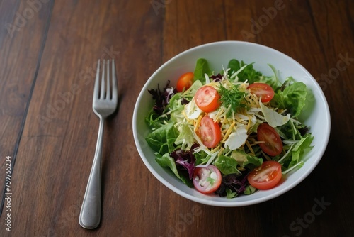 top view salad on a white bowl on brown table