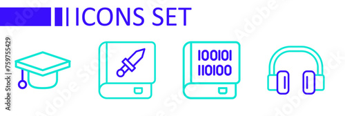 Set line Headphones, Books about programming, weapon and Graduation cap icon. Vector