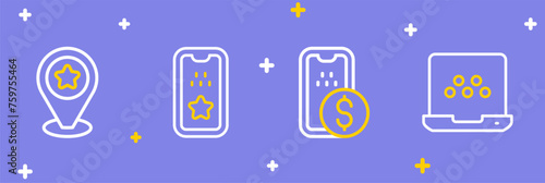 Set line Taxi mobile app, Mobile banking, and Location with star icon. Vector