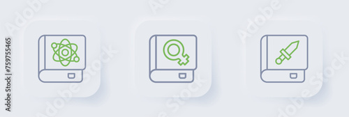 Set line Book about weapon, women and physics icon. Vector