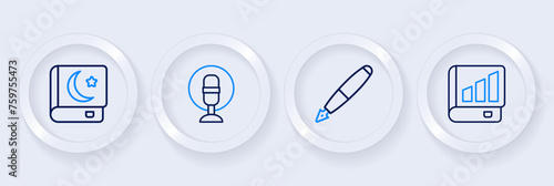 Set line Financial book, Fountain pen nib, Microphone and Holy of Koran icon. Vector © Iryna