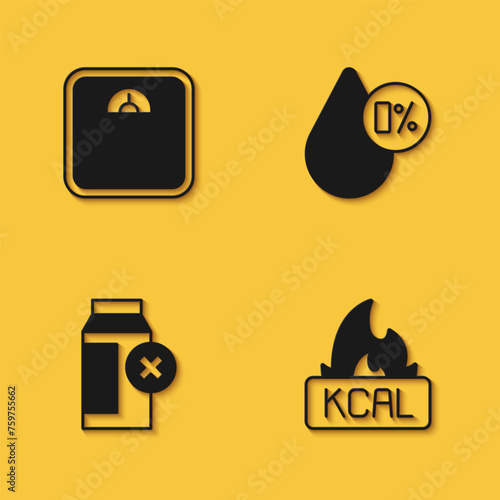 Set Bathroom scales, Kcal, Lactose intolerance and Water balance icon with long shadow. Vector