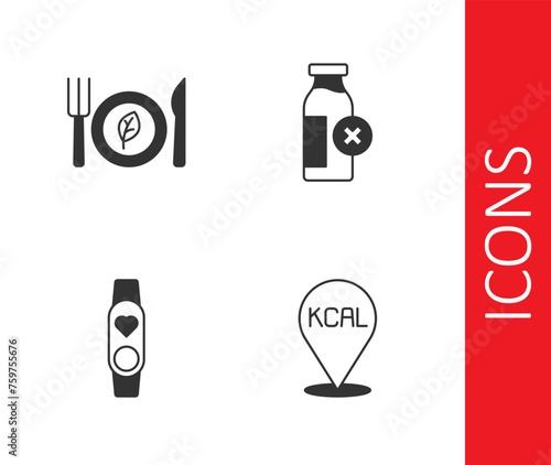 Set Kcal, Vegan food diet, Smart watch with heart and Lactose intolerance icon. Vector
