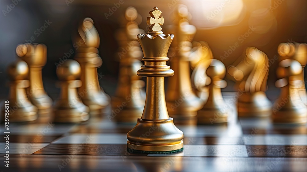 leadership and courage in business competition with a realistic photograph featuring a golden King chess piece standing out from the crowd of other chess pieces. leadership and courage in business competition with a realistic photograph featuring a golden King chess piece standing out from the crowd of other chess pieces.