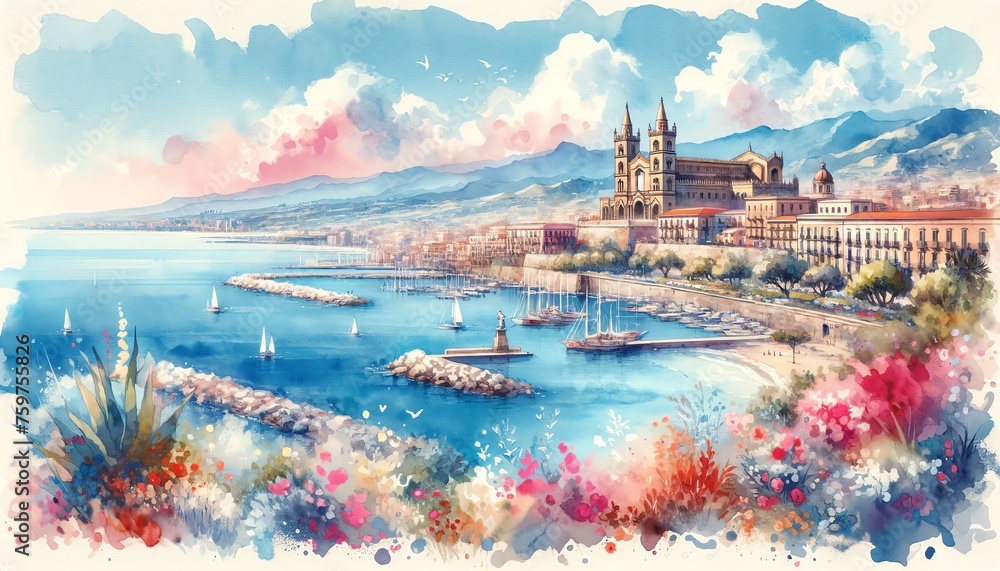 Watercolor landscape of the Messina, Italy