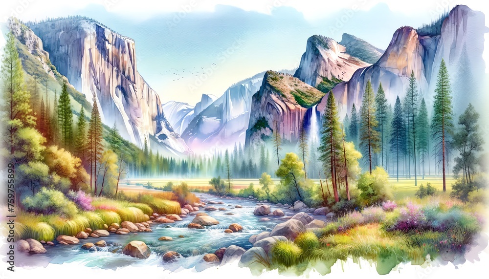 Watercolor landscape of the Yosemite Valley, United States