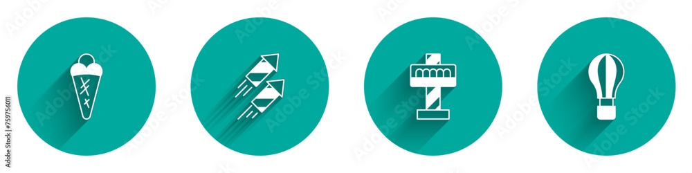 Set Ice cream in waffle, Firework rocket, Attraction carousel and Hot air balloon icon with long shadow. Vector Set Ice cream in waffle, Firework rocket, Attraction carousel and Hot air balloon icon with long shadow. Vector
