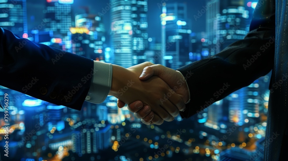 Globally Connected Business Handshake Amidst Holographic Corporate Headquarters