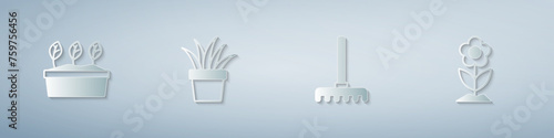 Set Plant in pot, Garden rake and Flower. Paper art style. Vector