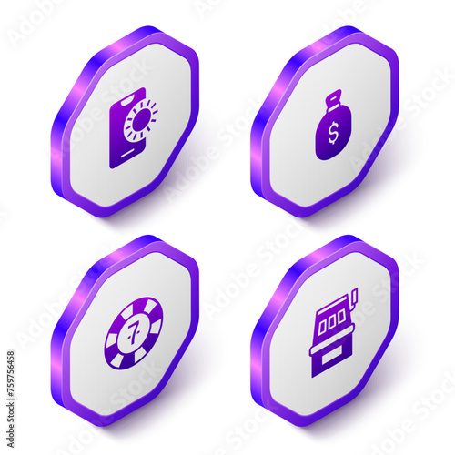 Set Isometric Online sports betting, Money bag, Casino chips and Slot machine icon. Purple hexagon button. Vector