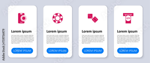 Set Automated teller machine and money, Game dice, Casino chips and Online sports betting. Business infographic template. Vector