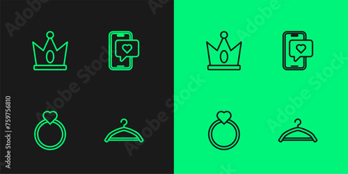 Set line Hanger wardrobe, Diamond engagement ring, King crown and Mobile with heart icon. Vector