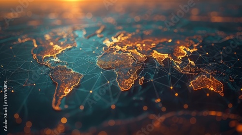 Glowing world map on dark background. Globalization concept. Communications network map of the world. Technological futuristic background. World connectivity and global networking concept #759756813