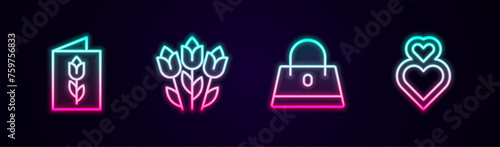 Set line Greeting card with 8 March, Flower tulip, Handbag and Heart. Glowing neon icon. Vector