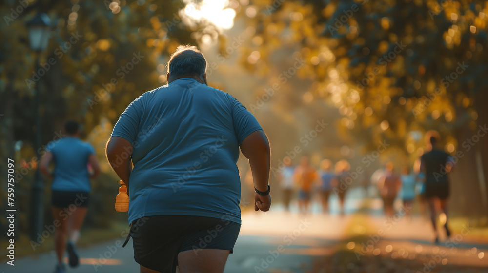 Fat man jogging in the park health care view from behind
