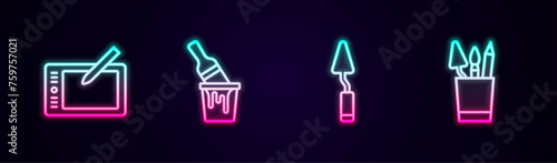 Set line Graphic tablet, Paint bucket with brush, Palette knife and Pencil case stationery. Glowing neon icon. Vector photo