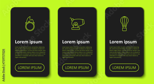 Set line Circus fire hoop, Cannon and Hot air balloon. Business infographic template. Vector