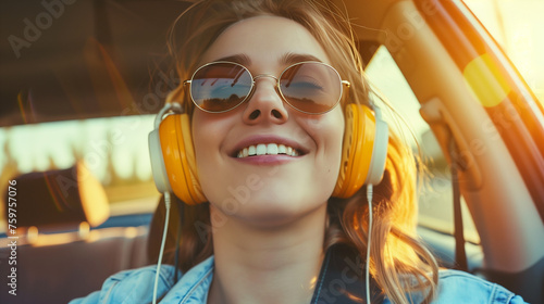 girl sitting in the car Put on the over-ear headphones and enjoy happy music while traveling.