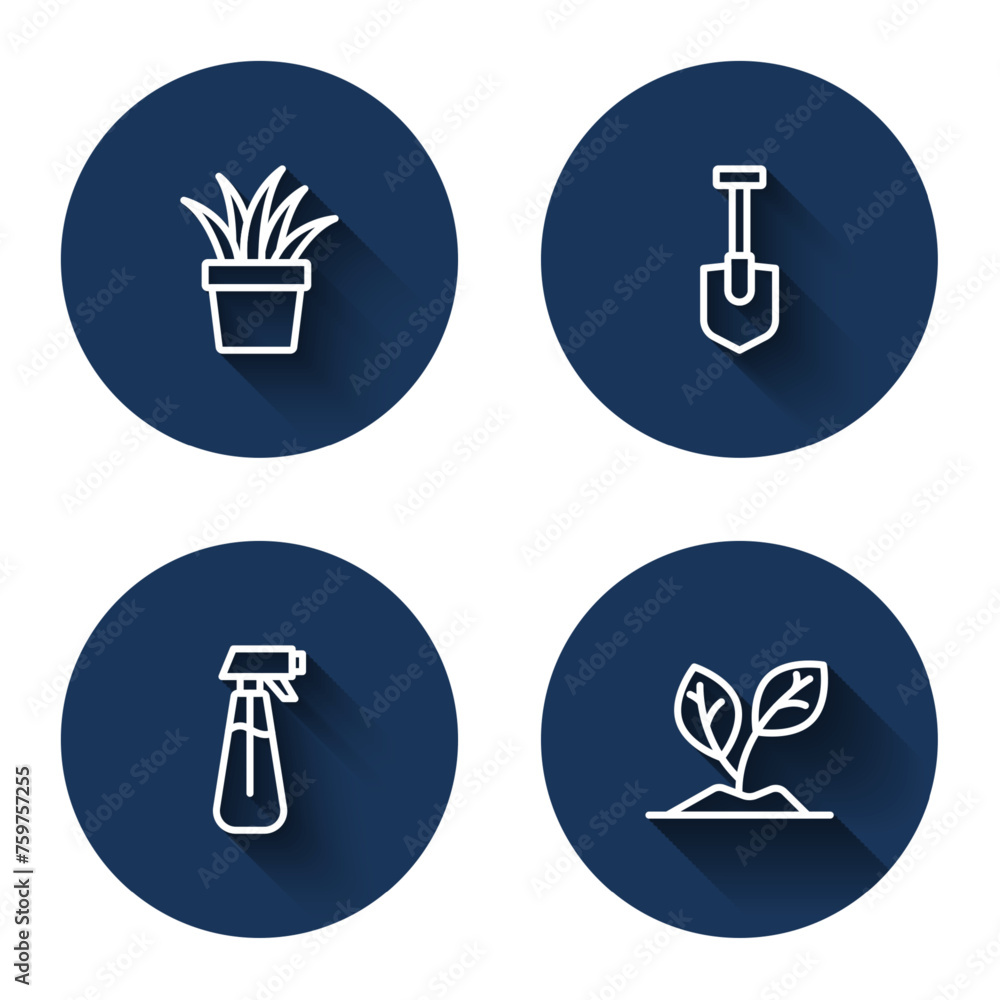 Set line Plant in pot, Shovel, Garden sprayer for water and Sprout with long shadow. Blue circle button. Vector Set line Plant in pot, Shovel, Garden sprayer for water and Sprout with long shadow. Blue circle button. Vector