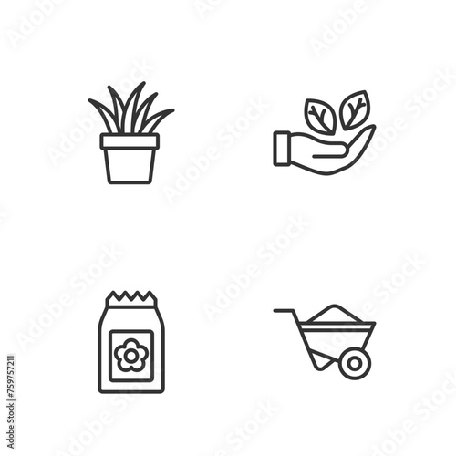 Set line Wheelbarrow, Pack full of seeds, Plant in pot and Leaf hand icon. Vector