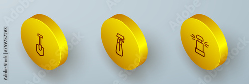 Set Isometric line Shovel, Garden sprayer for water and Automatic irrigation sprinklers icon. Vector