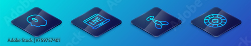 Set Isometric line Dart arrow, Lucky player, Casino chips and Online poker table game icon. Vector