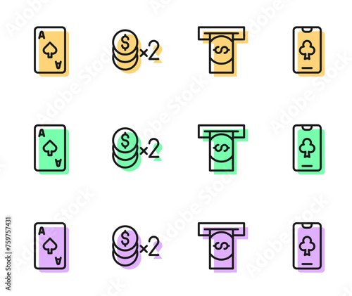 Set line Automated teller machine and money, Playing card with spades symbol, Casino chip dollar and Online poker table game icon. Vector