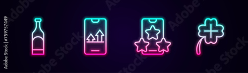 Set line Bottle of wine, Online sports betting, and Casino slot machine with clover. Glowing neon icon. Vector