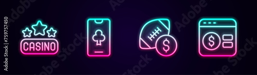 Set line Casino signboard, Online poker table game, American football betting money and . Glowing neon icon. Vector
