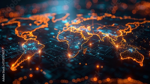 Glowing world map on dark background. Globalization concept. Communications network map of the world. Technological futuristic background. World connectivity and global networking concept