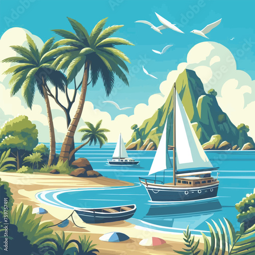 free vector Boat sail and Beach island tree sunset landscape vector illustration 