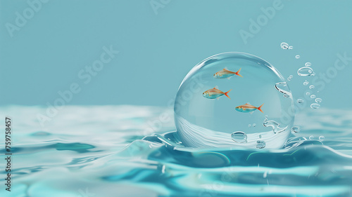 A serene image showcasing a crystal-clear bubble floating on water, encapsulating a trio of goldfish in a moment of underwater tranquility and wonder