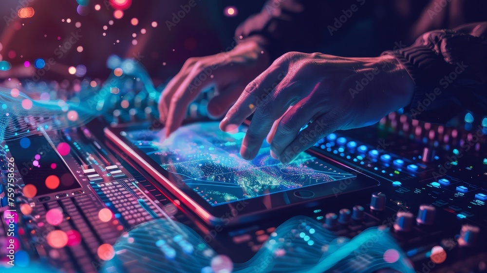 Digital Music Wizard Creative Hands Crafting Beats with Holographic Sound Waves on Tablet DAW Interface Digital Music Wizard Creative Hands Crafting Beats with Holographic Sound Waves on Tablet DAW Interface