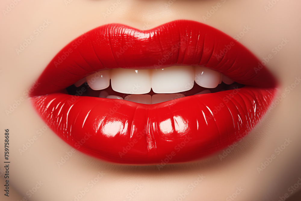 Obraz premium Young woman's lips with glossy red color lipstick. Beauty and fashion concept
