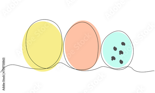 Easter eggs hand drawn, one line .Multicolored eggs and quail egg with dark spots. Doodle drawing