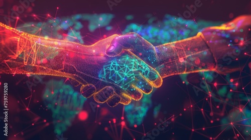 Global Networking Illuminated Handshake on World Map Digital Communication and Connection Concept