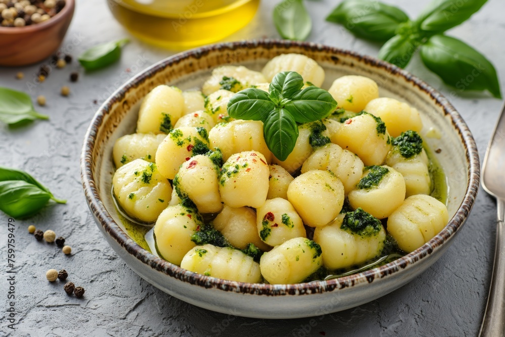 Succulent gnocchi in pesto sauce garnished with red pepper flakes, presented in a rustic bowl Succulent gnocchi in pesto sauce garnished with red pepper flakes, presented in a rustic bowl