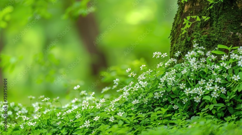 Vibrant white wildflowers bloom at the base of a mossy tree in a lush green forest Vibrant white wildflowers bloom at the base of a mossy tree in a lush green forest