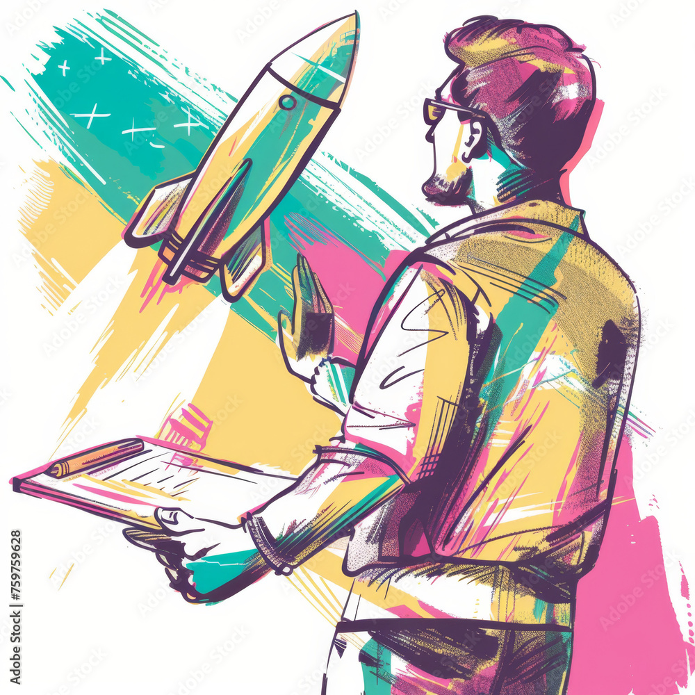 Obraz premium Colorful Line Illustration of Astronauts Launching Rocket Towards Stars Gen AI