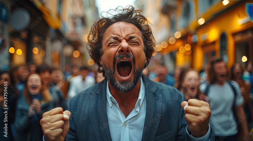 Photo of a handsome man in a suit screaming on the street