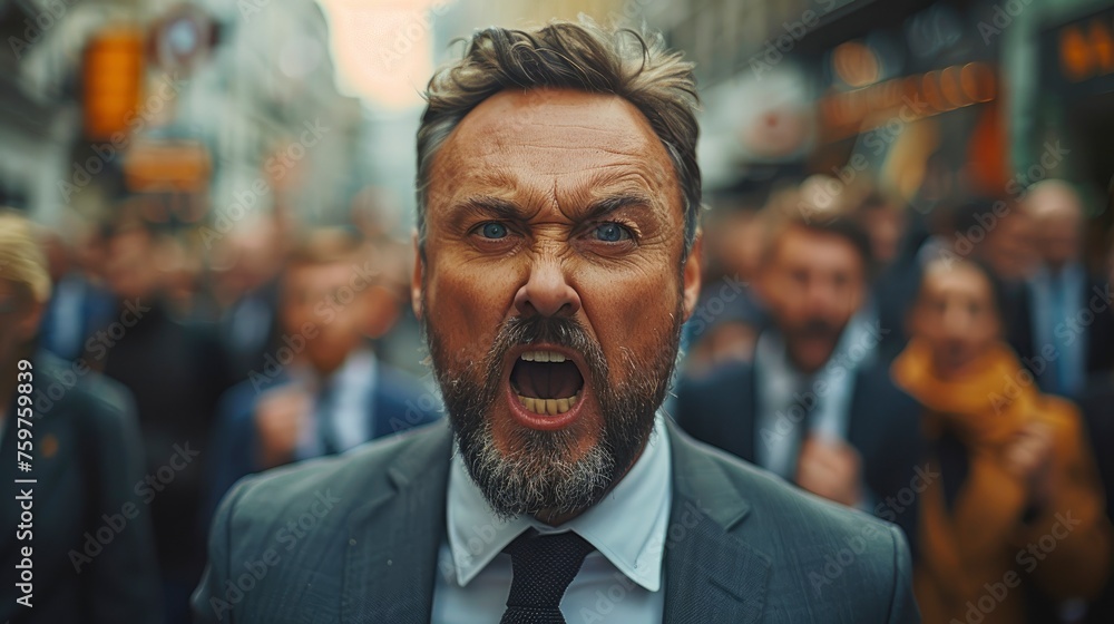 Photo of a handsome man in a suit screaming on the street - obrazy, fototapety, plakaty 