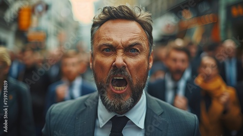 Photo of a handsome man in a suit screaming on the street