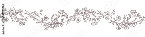 Floral border with blooming branches, leaves and flowers. Spring seamless horizontal background with beautiful hand drawn garland in line art style. Vector vintage illustration