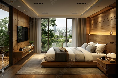 Serene Bedroom Oasis with Lush Greenery Views and Warm Wood Accents