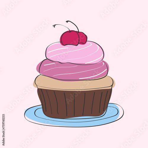 A cupcake with a cherry on top is displayed. The cupcake is decorated with frosting and has a vibrant red cherry resting on its centre