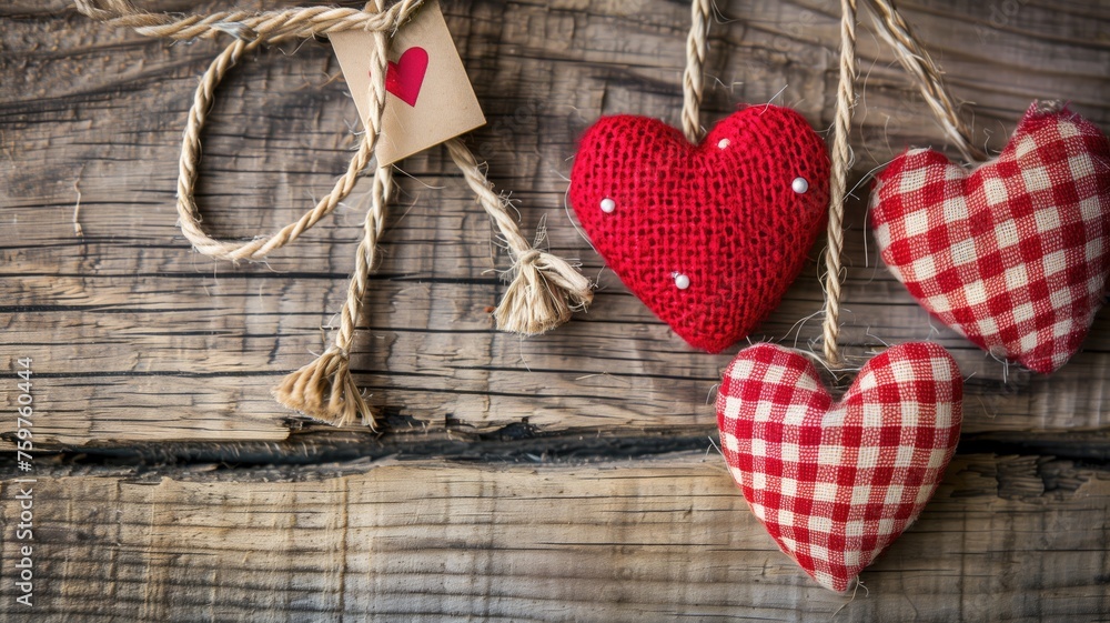 Handmade fabric hearts hang from a rustic wooden backdrop, expressing handmade charm Handmade fabric hearts hang from a rustic wooden backdrop, expressing handmade charm