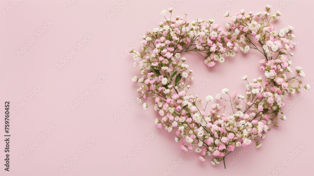 Obraz premium Heart-shaped floral arrangement on a pink backdrop