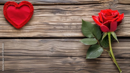 A red rose and heart on a rustic wooden background