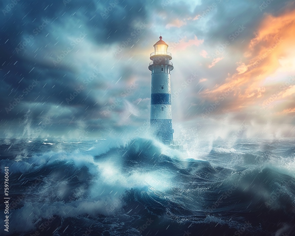 A solitary lighthouse casting a beam over stormy digital seas